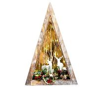 Wooden Christmas Reindeer Scene Tabletop Centrepiece Frame 57cm - Triangle Shape, Battery Operated with Micro Rice LEDs and Festive Decorations - Room Wall Table Home Xmas Decorative Gift