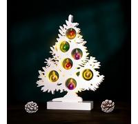 Wooden Christmas Tree Light Up Ornament Festive Rustic Standing Merry Christmas Sign Light Up Xmas Decoration Hand Painted Christmas Lights Battery Operated Lighting (White Tree)