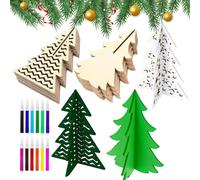 Wooden Christmas Trees for Crafts - 3D Unfinished Crafts, 48 Pieces DIY Wooden Christmas Tree Cutouts with Colour Markers Set - For Table Decoration Painting Kitchen Home Bedroom