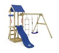 WICKEY Wooden climbing frame TinyCabin with swing set & blue slide, Outdoor kids playhouse with sandpit, climbing ladder & play-accessories for the garden