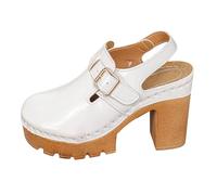 Wooden Clogs for Women Women's Platform Clogs Mules Chunky High Heel Slip On Clog with Hollow Out Perforated Design & Metal Buckle Comfortable Leather Mules Shoes Fly flot Sandals White