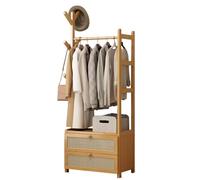 Wooden Clothes Rail - Modern Free Standing Wardrobe, Bamboo Garment Rack with Drawers, Ideal Small Storage Solution for Bedroom