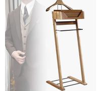 Wooden Clothes Valet Stand with Shoe Shelf and Trouser Bar, Space-Saving Organizer for Office and Living Room