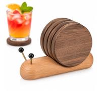Wooden Coaster Set with Snail Holder, 6 Magnetic Black Walnut Drink Coasters with Beech Stand, Cute Wooden Coasters for Coffee Table, Desk & Kitchen, Funny Housewarming Gift, Home Décor