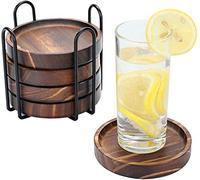 Wooden Coasters for Drinks - Natural Paulownia Wood Drink Coaster Set for Drinking Glasses, Tabletop Protection for Any Table Type, Set of 5 - Dia 4.3 x 4.3 x 0.8 Inches