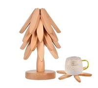 Wooden Coasters, Tree Art for Wood Coasters Set of 4, Natural Wooden Coasters, Tree Shape Coasters with Holder and Base, Creative Foldable Wooden Placemats Housewarming Gif-ts for Home Decoration