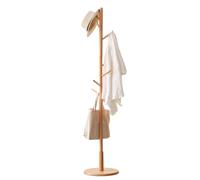 Wooden Coat Rack - Freestanding Solid Wood with Round Base, 3 Sections & 8 Hooks - Ideal for Hats, Coats, Handbags - Great for Entryway, Bedroom, Office