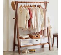 Wooden Coat Rack Stand Foldable 6Hook Hanger with Round Heads Clothes Hat Bag Organizer & Shoe Storage Box (Brown 80cm/31.5in)