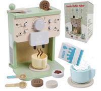 Wooden Coffee Machine Toy,15 pcs Coffee Maker Espresso Machine Playset,Wood Pretend Play Kitchen Accessories with Grinder,Coffee Pods,Cups,Milk & Cookies,Christmas Kitchen Role Play Gifts