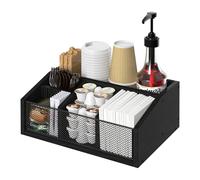 Wooden Coffee Station Organizer, 5-Compartment Coffee Bar Accessories Organizer with Dividers for Office and Kitchen Countertop - Perfect for Napkins, Sugar, Tea Supplies, and Coffee Pods (Black)