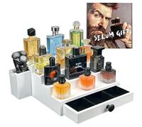 Wooden Cologne Organizer For Men 4 Tier White | Stylish Gift Box and High Grade Velvet Lining | Extendable Side Compartment | Cologne Holder | Perfume Display Stand | Men's Room Essential