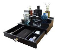 Wooden Cologne Organizer for Men Display Risers Countertop Organizer 3 Tier Cologne Stand with Storage Drawer Cologne Holder Cologne Shelf Great Gift Perfume Dresser Organizer (Black)
