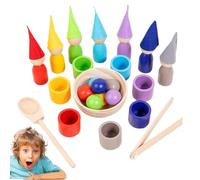 Wooden Color Sorting Game - 9.45in Rainbow Ball and Cup Educational Toy for Interactive Stem Activity Set for Preschool Fine Motor Learning Home and Early Development