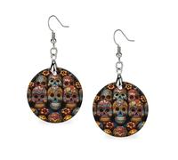 Wooden Colorful Sugar Skulls Earrings for Women Lightweight Dangle Earrings Ethnic Geometric Round Earring Vintage Retro Jewelry Gift for Daily Wear Wedding Party Graduation