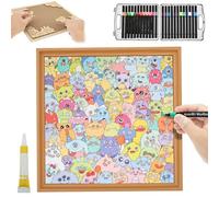 Wooden Coloring Puzzle with 24 Color Marker Glue Instruction Diagram Assembly Drawing Dinosaur/Monster Coloring Puzzle DIY Doodling for Kids and Teenager(Monster+24 color pens)