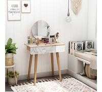 Wooden Compact Dressing Table w/ Drawer Mirror 4 Legs Table Top Bedroom