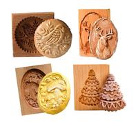 Wooden Cookie Molds Set of 4 Carved Press Type Christmas Cookie Stamps 3D Embossing Baking Molds for Dough, Muffins, Biscuits, Bread