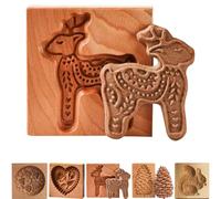 Wooden Cookie Moulds for Baking | 3D Carved Reindeer Shape Reusable Beechwood Biscuit Press Stamp | Christmas Gingerbread Decorations | DIY Shortbread Cake Craft Tool for Kids & Home Baking
