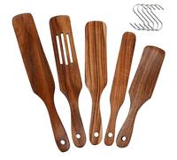 Wooden Cooking Utensils Kitchen Utensils Set with Holder Teak Spatula for Cooking Natural Healthy Kitchen Cookware Set of 5 Pieces Cooker