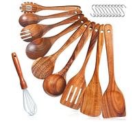 Wooden Cooking Utensils Kitchen Utensils Set with Holder Teak Wooden Spoons and Spatulas for Cooking Natural Healthy Kitchen Cookware Set of 10 Pieces Cooker