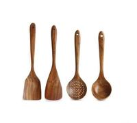 Wooden Cooking Utensils Set | Long Handle Natural Wood Spoons for Kitchen | Non-Stick Safe Ladle For Turner Colander for Hot Pots | For Easy Grip Dishware Tools for HOMEs Dining(4Pcs)