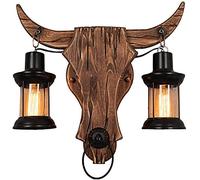 Wooden Creative Bull Head Wall Sconce Light, E27 Double-Head Wall Mount Lamp, Restaurant Bar Loft Lighting Decoration