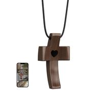 Wooden Cross Necklace, Cross Pendant for Stress Relief, Touch to Read Bible Verses via Phone, Adjustable Walnut Necklace for Baptism, Confirmation, Easter, Christmas, Wood, No Gemstone