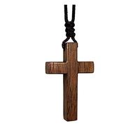 Wooden Cross Necklace for Men, Women, Children, Kids - Natural Walnut Wood Small Cross Pendant Necklace with Vegan Black Cord - Christian Religious Jewelry Gift