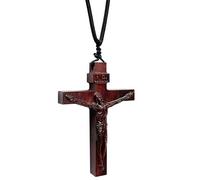 Wooden Crucifix Necklace for Men Women, Brown Wood Cross Christian Jesus Catholic Handmade Natural Pendant Chain, Braided Cord Rope, Religious Jewelry Spiritual Gift for Baptism Confirmation Easter