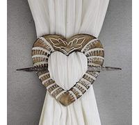 Wooden Curtain Holder Heart Shaped Curtain Tieback Brooch & Stick Curtain Holdback Clips Farmhouse Style Hand Carved Decorative Drapes Holders for Window Panels Home, Office, Farms