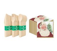 Wooden Cutlery 150pk & Christmas Santa Napkins 100pk Eco Biodegradable Festive Bundle