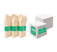 Wooden Cutlery 150pk & White Napkins 300pk Bulk Eco Biodegradable Catering Bundle