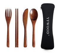 Wooden Cutlery Set, 4PCS Japanese Style Reusable Flatware with 1 x Spoon, 1 x Fork, 1 x Chopsticks, 1 x Wooden Knife with Pouch, Travel Cutlery for Kitchen/Home/Office/Restaurant/Camping/Picnic