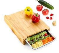 Wooden Cutting Board with Slide-Out Trays, Large Bamboo Chopping Board with Removable Stainless Steel Sliding Tray - Prep, Slice, and Store Effortlessly，Single Tray: 33.5cmx24cmx3.2cm