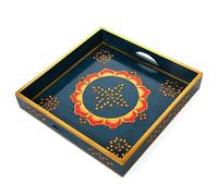 Wooden Decorated Tray Handmade Handcrafted Rectangular Decorative Tray Platters for Table Decor Kitchen Home and Gifting (Blue 9"X9")
