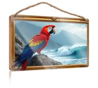 Wooden Decorative Plaque A Vibrant Parrot Perches On A Rocky Shore With Crashing Waves Office Decor For Wall Funny Porch Decorations(20X30CM)