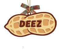 Wooden Deez Peanut Ornament with Bow Tie- Festive Nut with Bold Lettering & Hanging Loop - Quirky Gift for Xmas Tree Decor