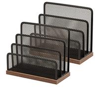 Wooden Desk Mail Organizer, Desktop File Organizer Metal Mesh with 3 Vertical Upright Compartments, Mail Sorter Letter Organizer Rack for Letters, Postcards, Brochures, Mail Holder (2 Pcs Black)