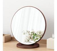 Wooden desk mirror, wooden makeup mirror, desktop makeup HD makeup mirror, bedroom, bathroom, office, jewelry store, barber shop, simple household round mirr(Size:20cm,Color:walnut)
