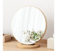 Wooden desk mirror, wooden makeup mirror, desktop makeup HD makeup mirror, bedroom, bathroom, office, jewelry store, barber shop, simple household round mirr(Size:20cm,Color:Wood color)