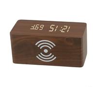 Wooden Digital Alarm Clock,LED Bedside Alarm Clock,With Wireless Charging,Temperature And Date Display,Adjustable Brightness,3 Alarm Setting,USB Powered Or Battery Operated,For Bedroom Home Office(B)