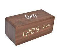 Wooden Digital Alarm Clock, Radio Alarm Clocks 12/24 Hours LED Electronic Clock with Fast Wireless Charger Station, Automatic Temperature Detection Wood LED Digital Clock for(6.3 x 2.8 x 2.7in-red)