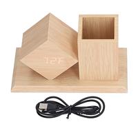 Wooden Digital Alarm Clock Thermometer Voice Control HD LED Display USB Battery Powered Pen Holder Clock for Office Home Desk Decor