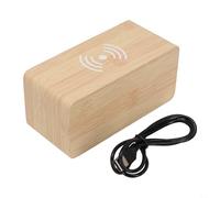 Wooden Digital Alarm Clock with LED Time Temperature Date Display, 12/24H Format, Dual Power via USB or 4 AAA Batteries, Wireless Charging Pad for Qi-Enabled Phones, Adjustable Bri(A)