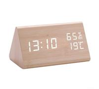 Wooden digital clock with alarm and LED display providing accurate time, temperature, and humidity data, switchable between 12 and 24 hour formats
