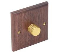 Wooden Dimmer Switch with Copper Knob for Dimming LED Lamps, Black Walnut Light Dimmer Switch for Home, 200-250V, 100-500W, 86 x 87mm