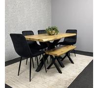 Wooden Dining Table with Bench and 4 Black Velvet Chairs