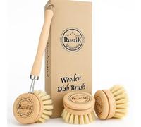 Wooden Dish Brush By RustiK, Eco Friendly, Sustaianable, Natural Wood Handle, Washing up Brush & 3 Medium Sisal bristle heads. Great for Kitchen, Camping, Cleaning or any Pot Washing.