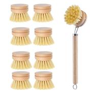 Wooden Dish Brush Set with 1 Handle & 8 Replacement Heads, Bamboo Washing Up Brush with Interchangeable Natural Scrubber Heads, Plastic-Free Eco Friendly Kitchen Cleaning