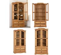 Wooden Display Unit Distressed Waxed Pine/Clear Glass Corona 2 Door 2 Drawers